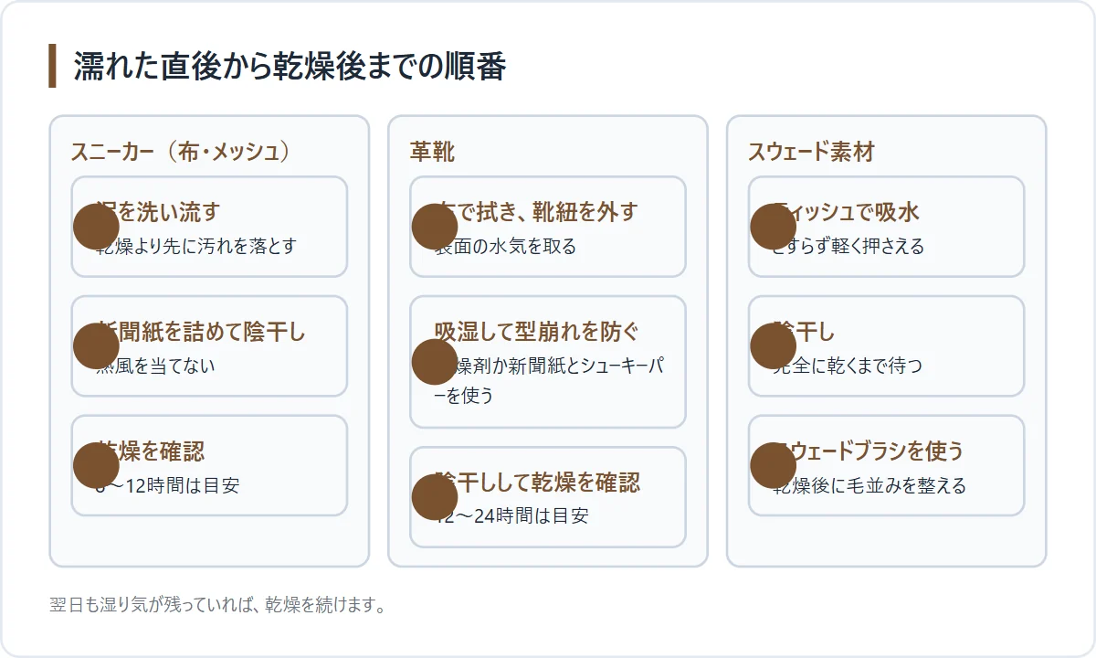 靴の素材別乾かし方手順比較図